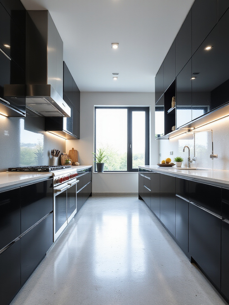 Sleek modern kitchen featuring high-gloss black cabinets and bright white quartz countertops.