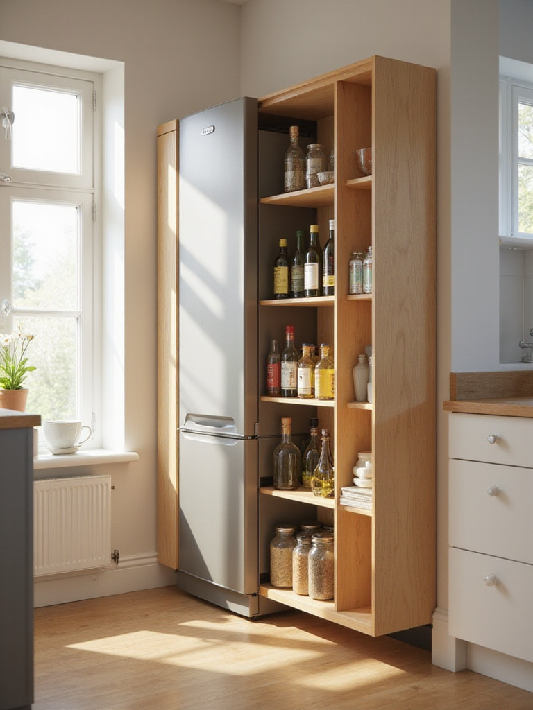 Slimline kitchen cabinet between refrigerator and wall, maximizing storage in a narrow space.