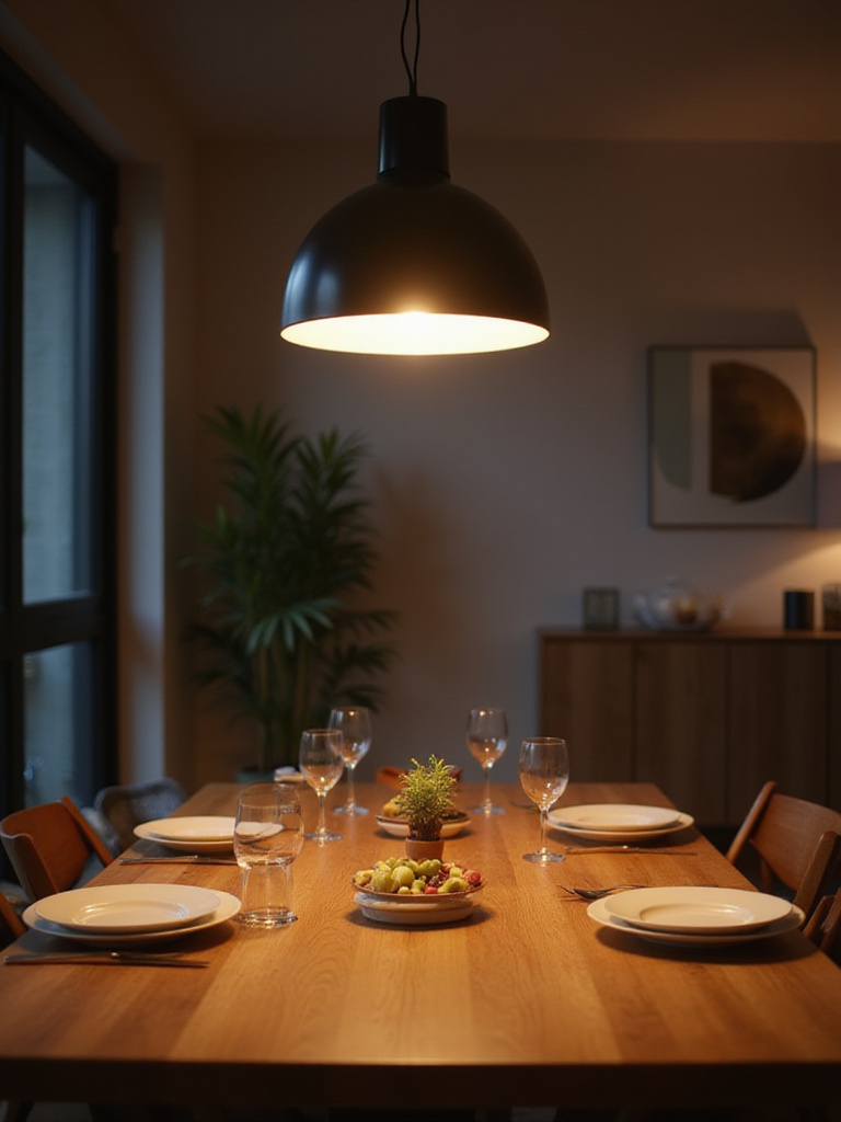 A modern dining room with a pendant light over the table casting a warm, adjustable glow, illustrating smart lighting capabilities.