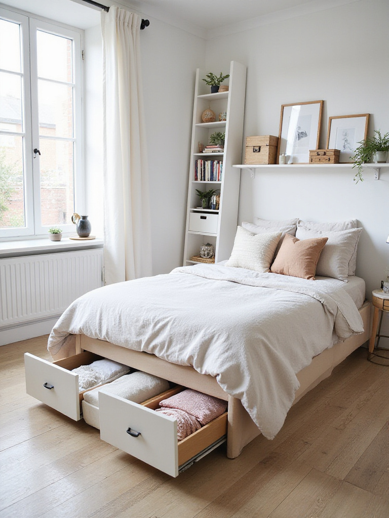 Well-organized bedroom with under-bed storage, floating shelves, and a stylish bookshelf.