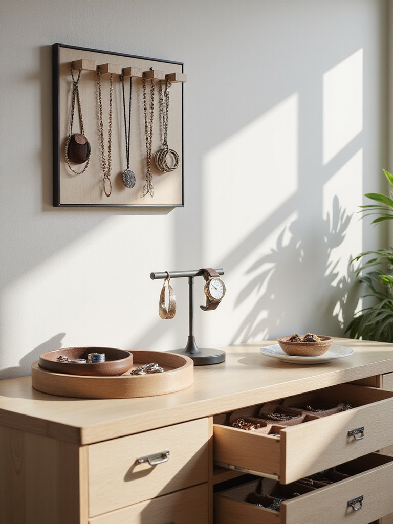 Elegant bedroom dresser with organized jewelry storage including trays, a watch stand, and a wall-mounted necklace organizer, showcasing smart accessory solutions.