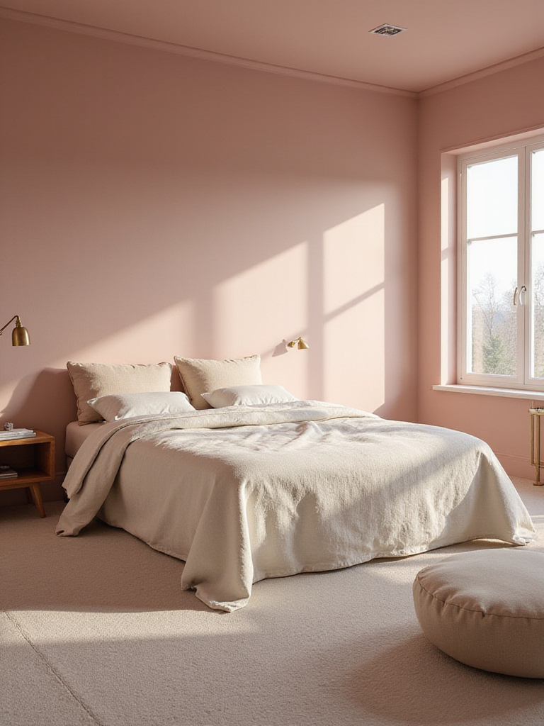 A romantic bedroom painted in soft dusty rose, featuring a bed with neutral bedding, natural light, and elegant furnishings, creating a calm and cozy sanctuary.