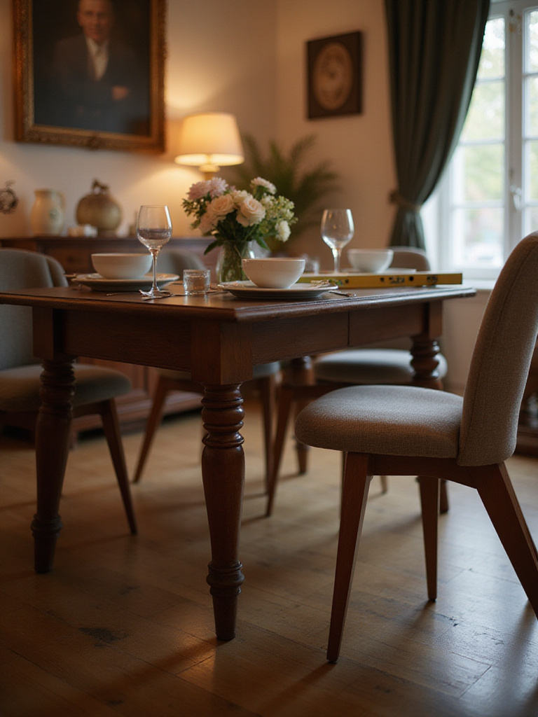 A stable dining room table with focus on its sturdy legs.
