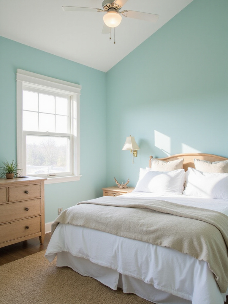 A tranquil bedroom painted in soothing aqua, featuring natural wood furniture and neutral textiles, creating a peaceful coastal-inspired sanctuary.
