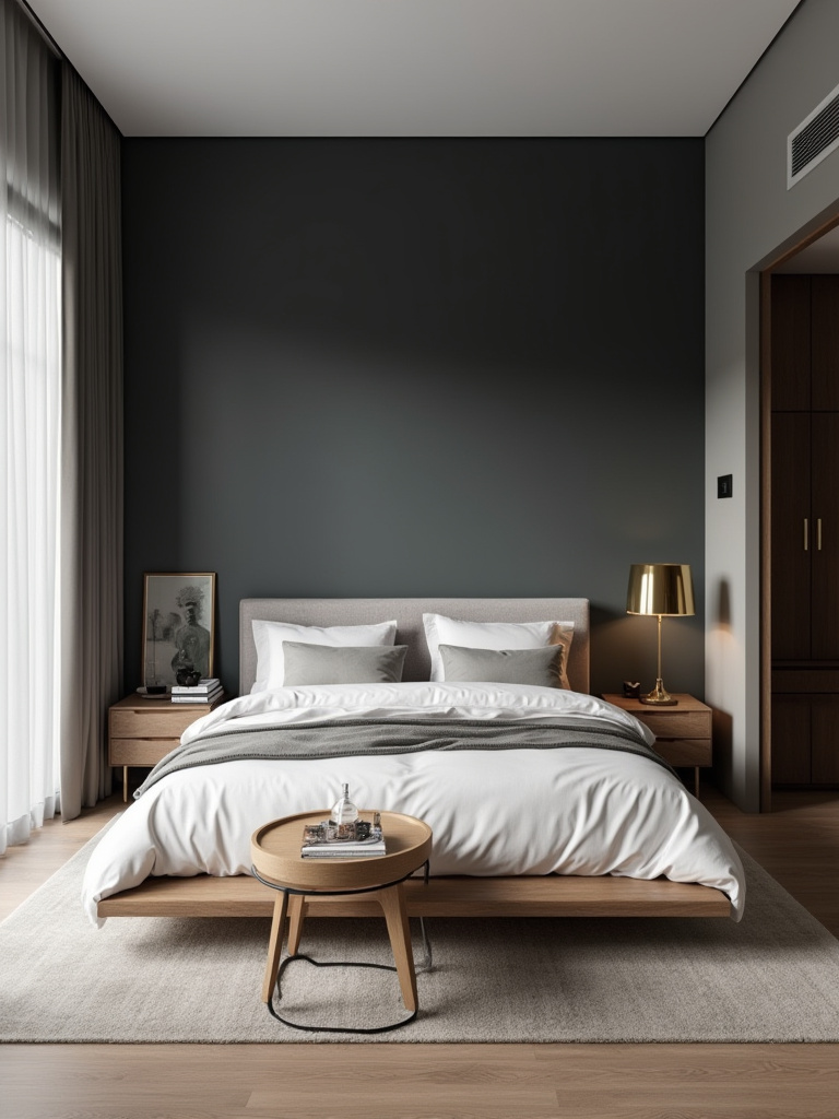 Modern bedroom featuring a charcoal grey accent wall, light grey surrounding walls, sleek furniture, and layered neutral bedding.