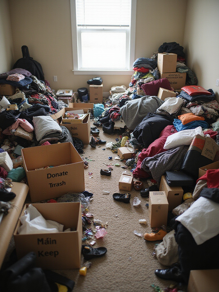 A bedroom floor covered in piles of clothes, books, and items, with empty sorting boxes, illustrating the start of a decluttering session.