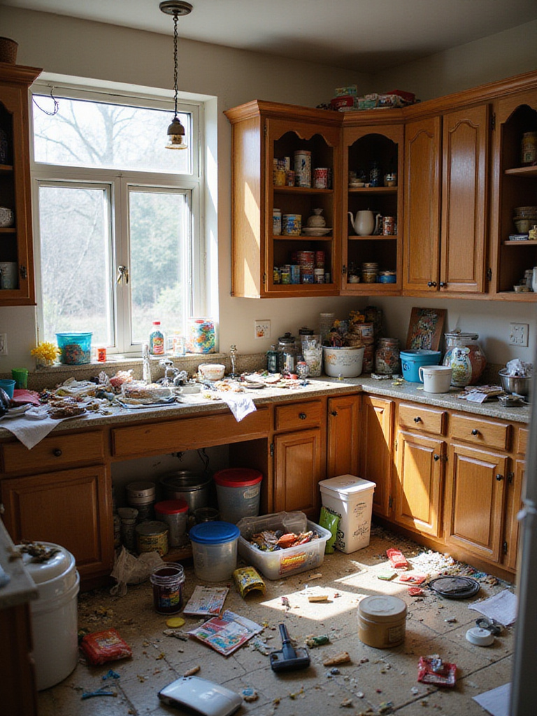 A cluttered kitchen countertop and open cabinets overflowing with a mix of kitchen items and junk, showing the need for decluttering.