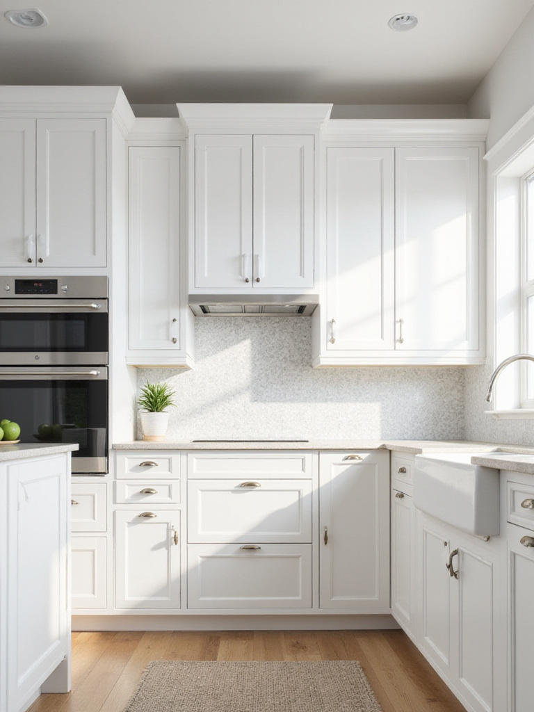 Modern white kitchen cabinets featuring a subtle light gray geometric stencil pattern on the doors and drawers.