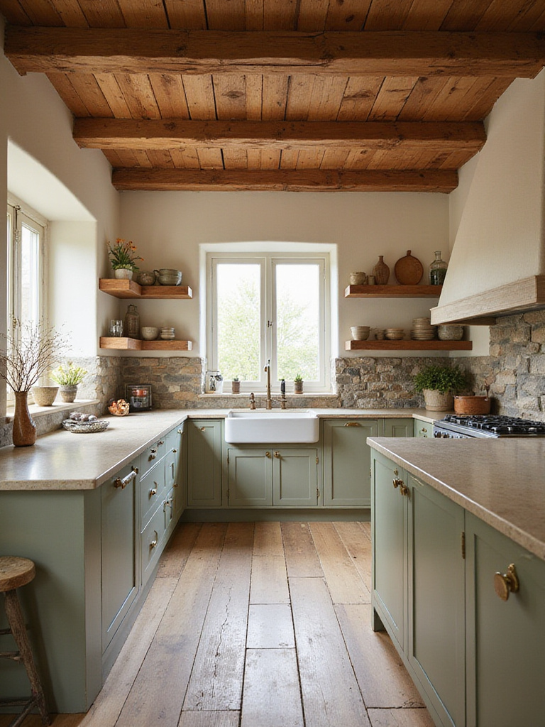 A rustic kitchen design showcasing a natural, earthy color palette with warm wood, stone, creamy walls, and cabinets in muted green or grey.