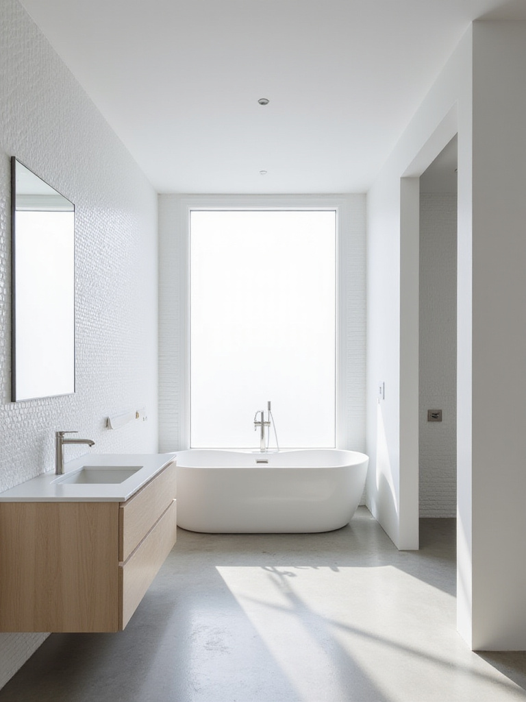 Serene minimalist bathroom with a neutral color palette of white and gray.