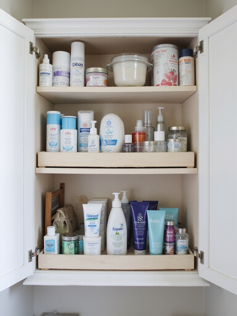 Organized bathroom cabinet with essentials on lower shelves and less-used supplies on higher shelves.
