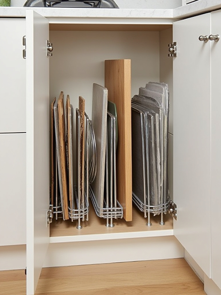 Open kitchen cabinet showing vertical wire dividers organizing cutting boards, baking sheets, and cooling racks.