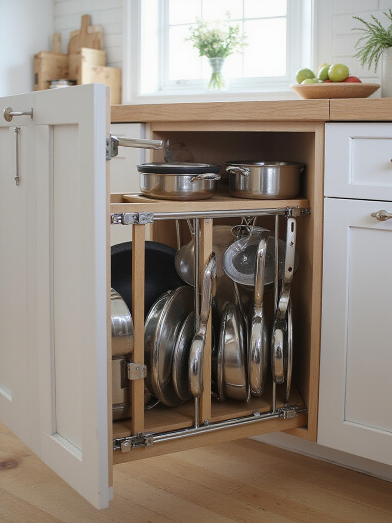 Deep kitchen drawer with pots and pans stored vertically using adjustable metal dividers for organization.