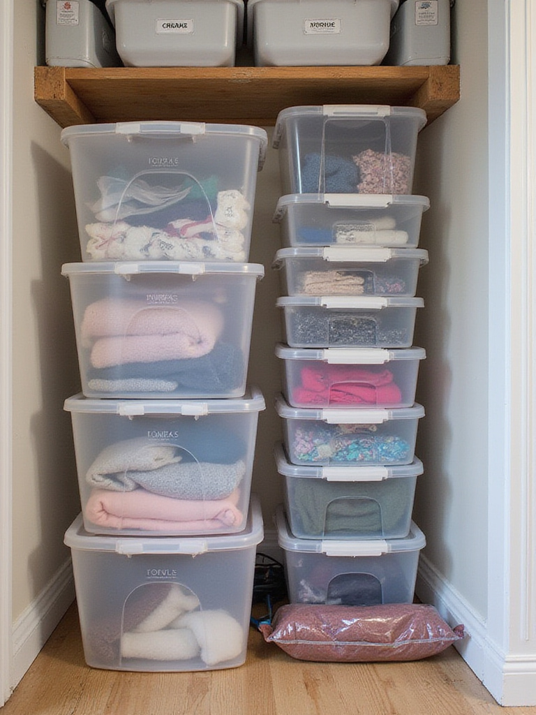 Organized storage bins and vacuum-sealed bags containing seasonal clothing neatly stored in a clean, designated area outside the bedroom.
