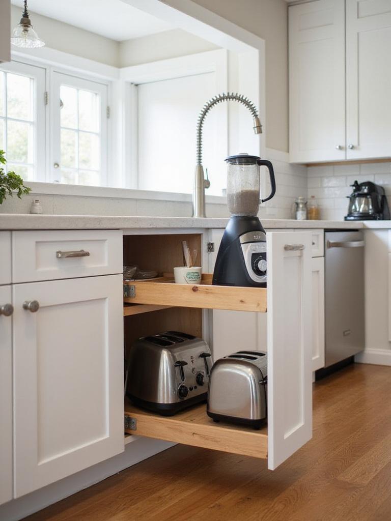 Pull-out shelf extended from a kitchen base cabinet, holding a blender and toaster, demonstrating accessible storage for small appliances.