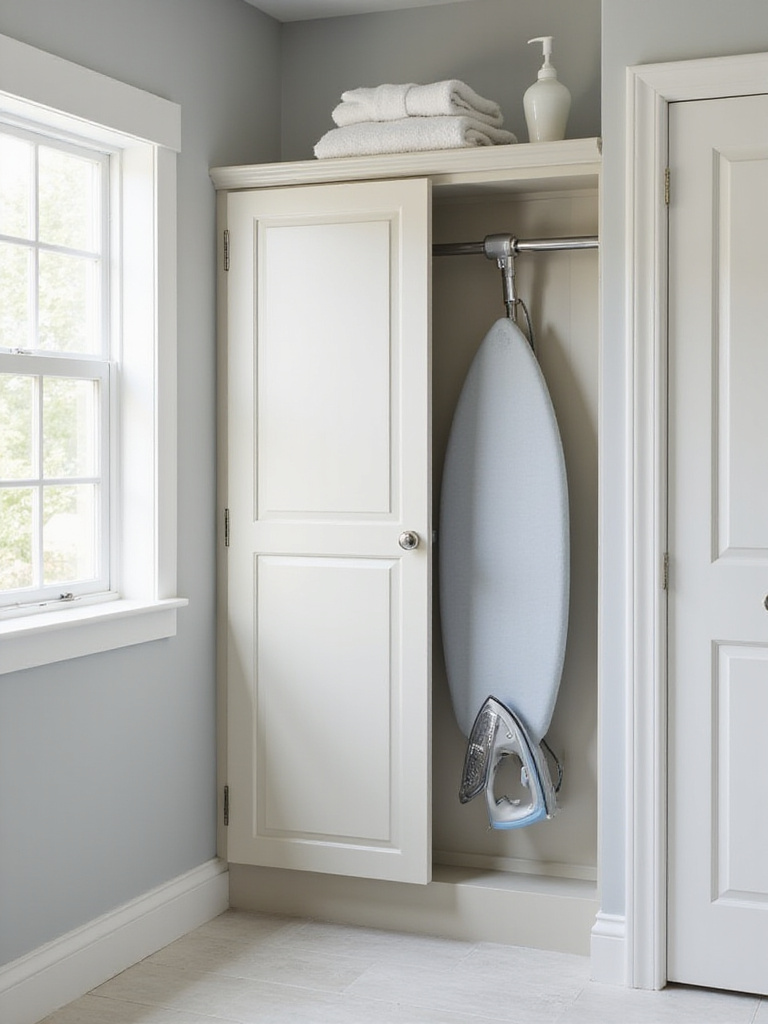 Wall-mounted ironing board cabinet in a modern laundry room