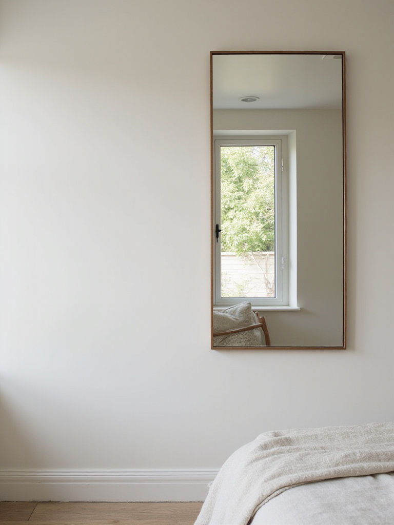 Small bedroom with a large mirror reflecting natural light and creating the illusion of more space.