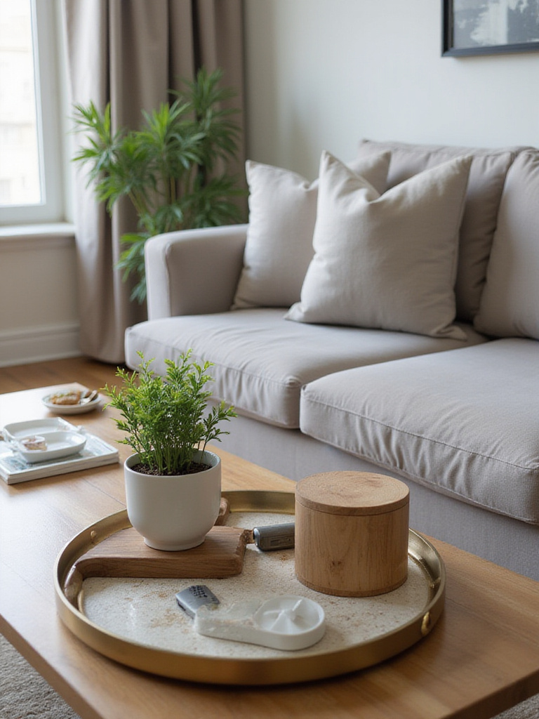Stylishly arranged coffee table with decorative and functional items in a modern living room