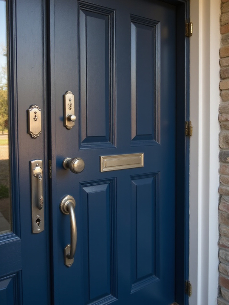 Stylish brushed nickel handleset, knocker, and deadbolt on a deep navy blue wooden front door, enhancing curb appeal.
