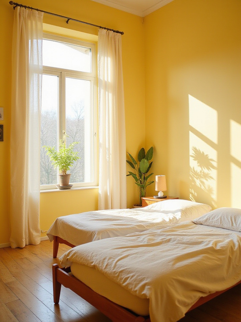 Bedroom walls painted in a sunny soft yellow with warm morning light filling the space. The room features a bed with neutral bedding and simple wooden furniture, creating a cheerful and serene atmosphere.