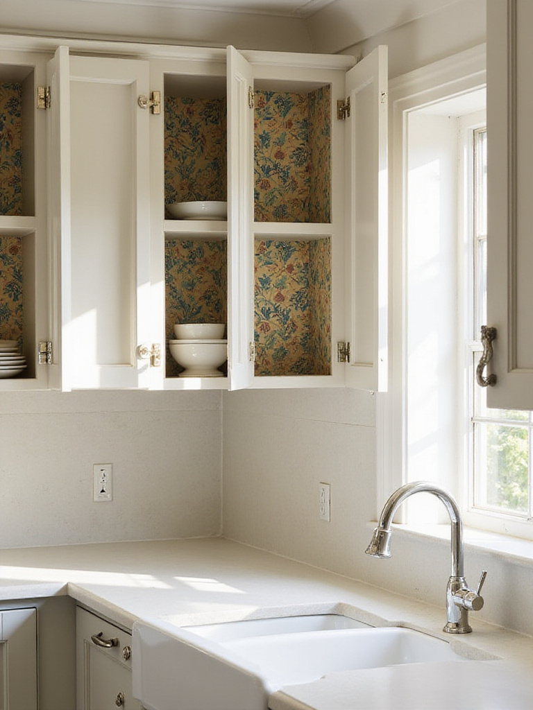 Open kitchen cabinets revealing colorful wallpaper lining the interior backs and sides, adding a hidden design element and surprise decor. This illustrates a creative way to refresh kitchen walls and cabinets.