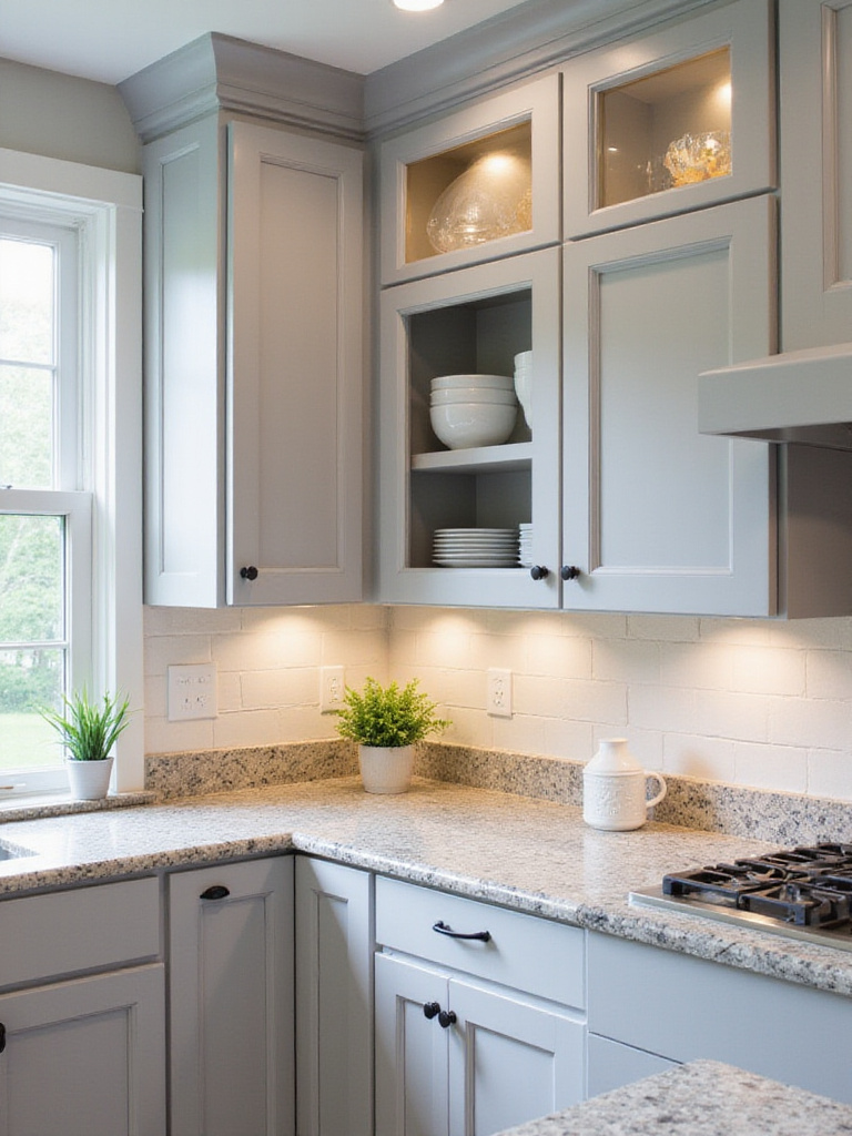 Upper kitchen cabinets with clear glass inserts instead of solid panels, displaying white dinnerware. The kitchen has a modern transitional style with light gray cabinets and granite countertops.