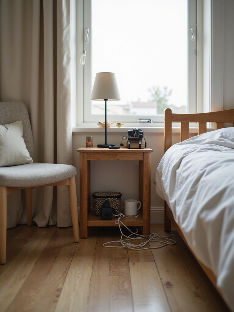 A neatly organized bedroom bedside area showing cables bundled with ties and hidden in a decorative box for a clutter-free look.
