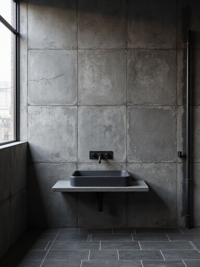 Industrial bathroom featuring a large wall covered in dark grey textured concrete effect tiles with a rough finish, a black vanity, and a concrete countertop.