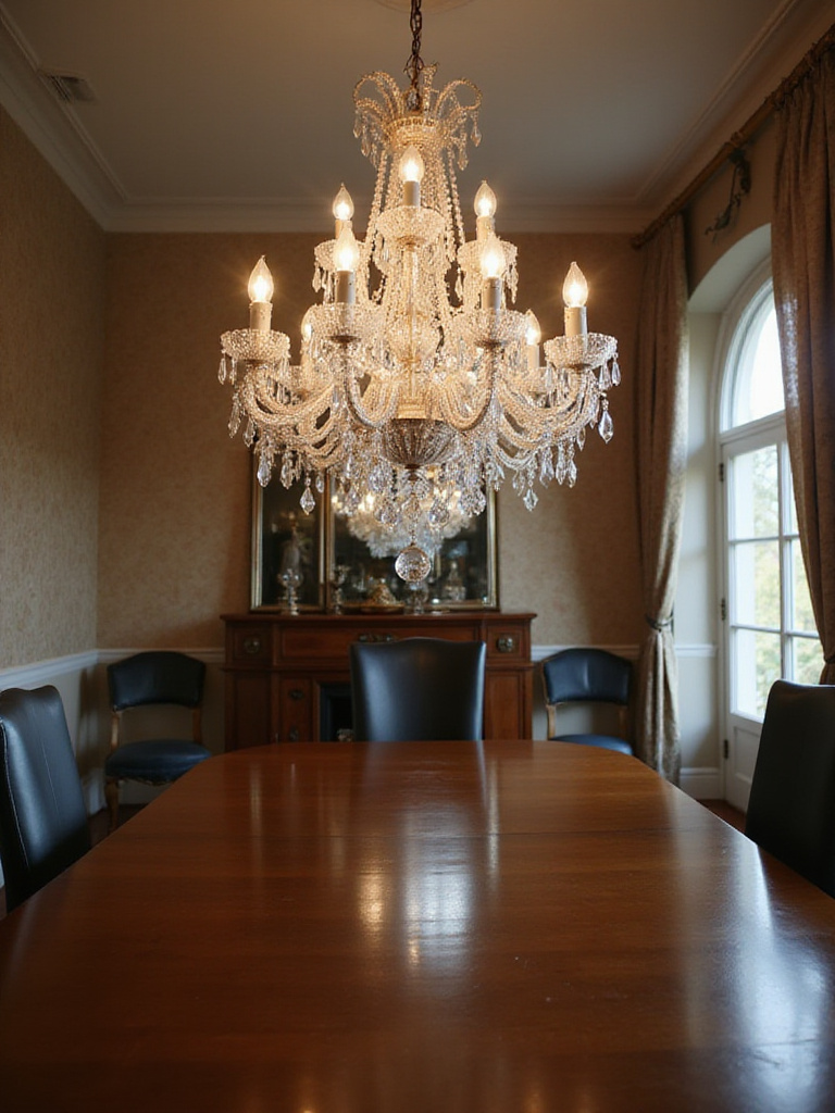 A grand crystal chandelier hangs over a formal dining table in an elegant dining room, showcasing classic lighting style.