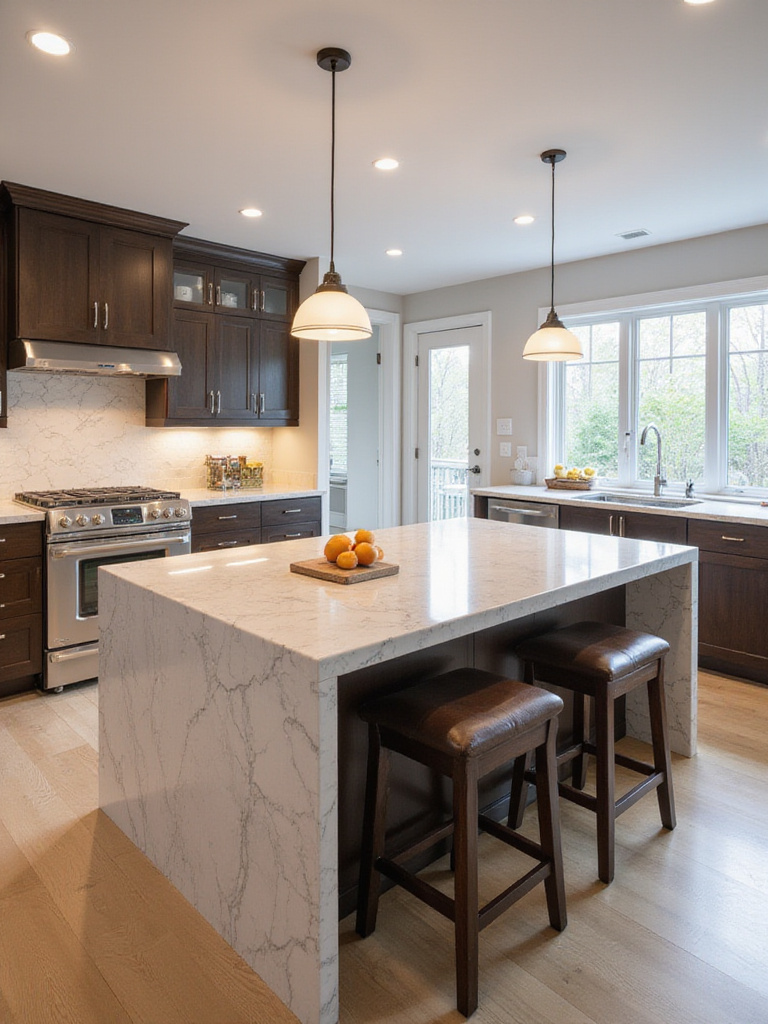 Modern kitchen island with waterfall countertop and breakfast bar