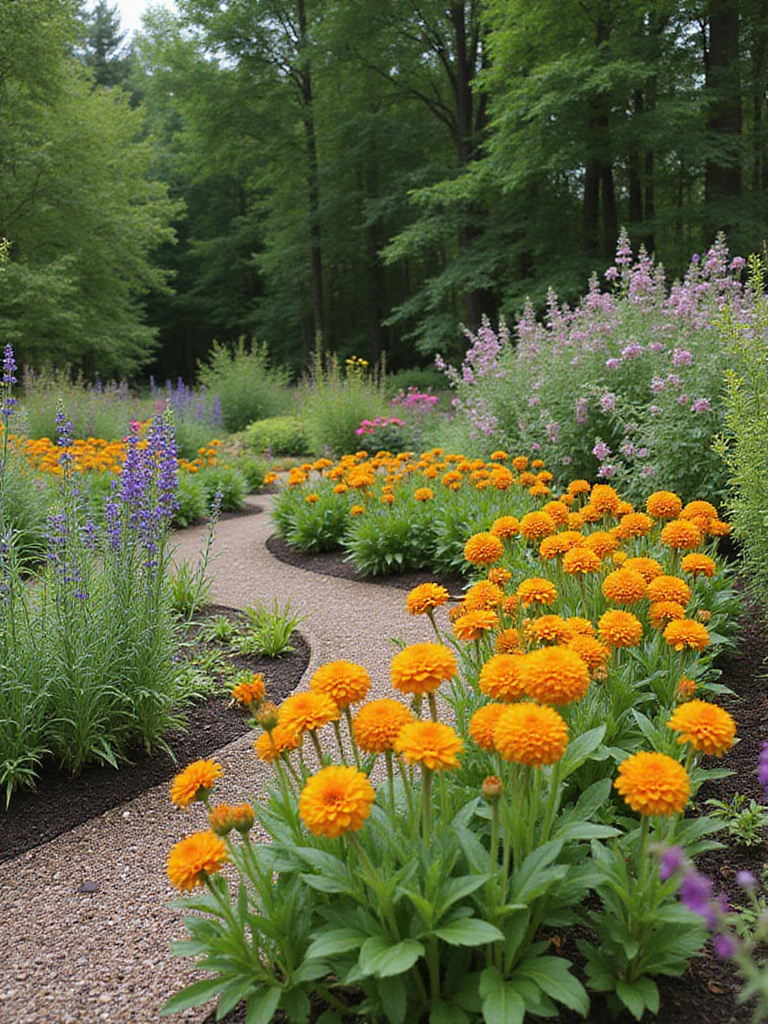Examples of flower garden beds designed with different color palettes: complementary, analogous, and monochromatic.