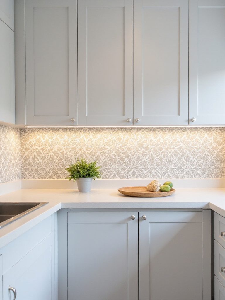 Modern kitchen backsplash decorated with stylish patterned wallpaper, showing cabinets and countertop.