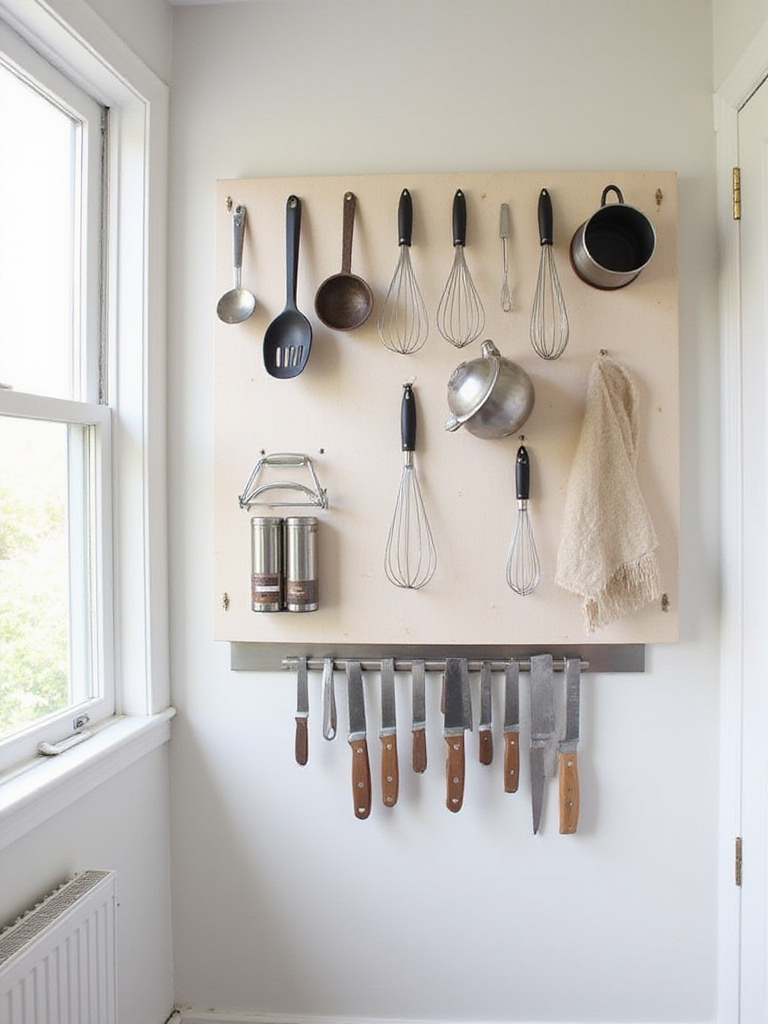 Small kitchen wall with a pegboard holding utensils and a magnetic strip holding knives, maximizing vertical storage space.