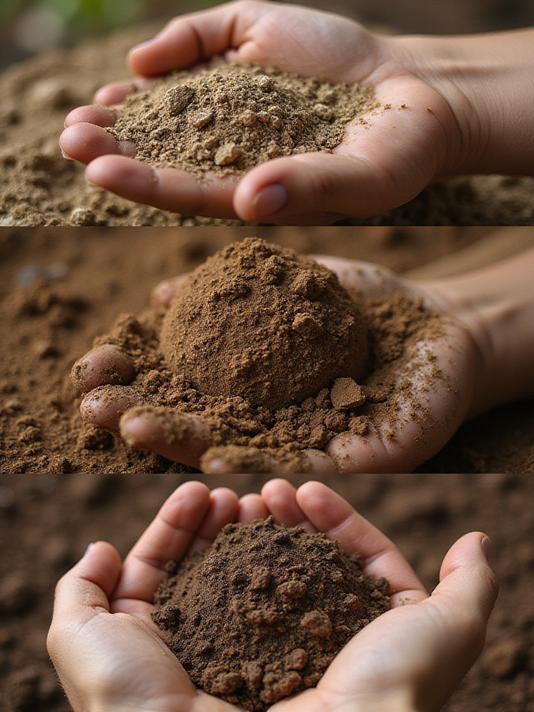 Close-up images illustrating different soil types and textures (sandy, clay, loam).