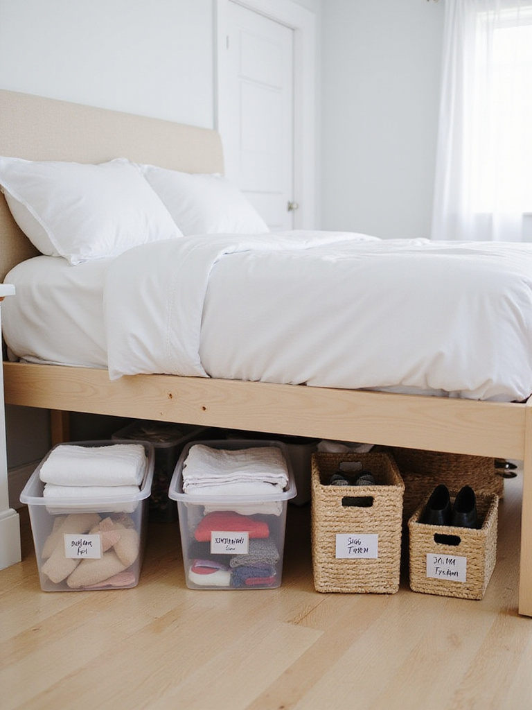 Under bed storage solutions in a small bedroom.