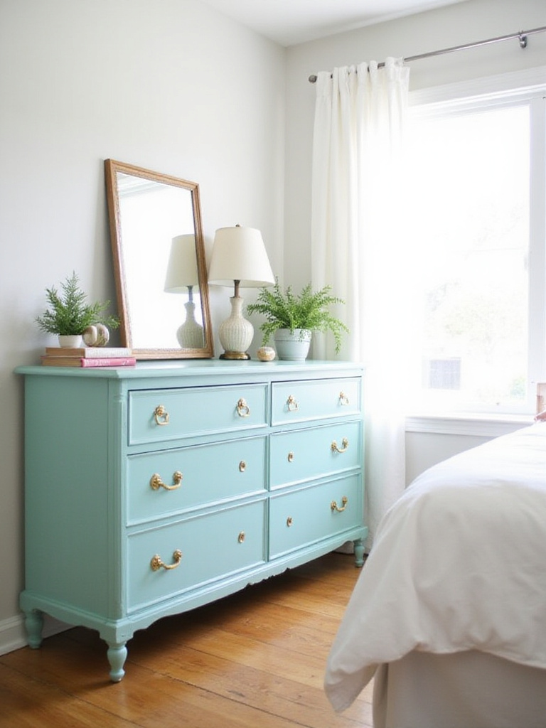 Upcycled teal dresser with brass hardware in a bright bedroom