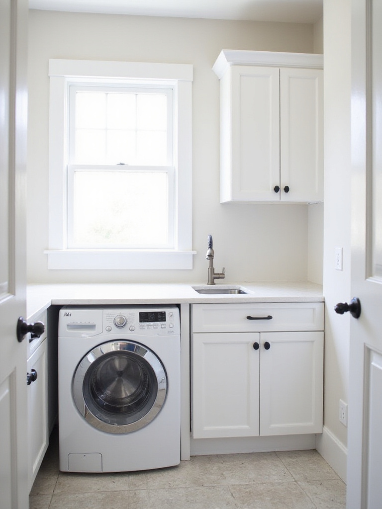 Bright modern laundry room with white shaker cabinets featuring stylish matte black pulls and knobs, showcasing updated cabinet hardware.