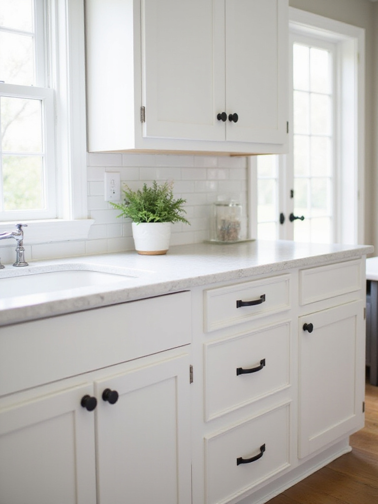 Modern kitchen cabinets painted in a neutral color featuring stylish matte black knobs and pulls, illustrating how updated hardware transforms cabinet appearance.