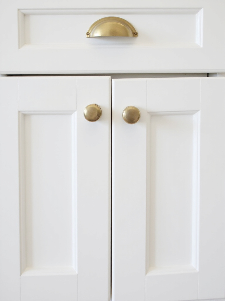 Coastal kitchen cabinet hardware updated with polished brass or brushed nickel finishes, enhancing the bright and airy feel with a touch of nautical charm or sophistication.