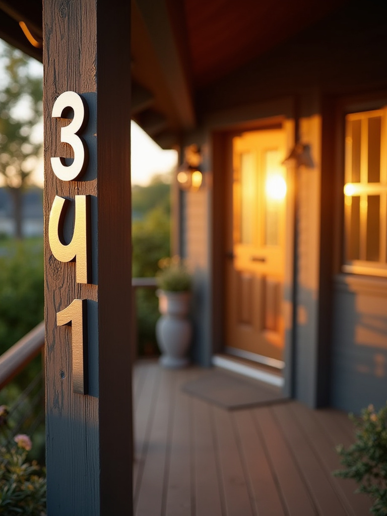 Modern brushed nickel house numbers on a craftsman style front porch.