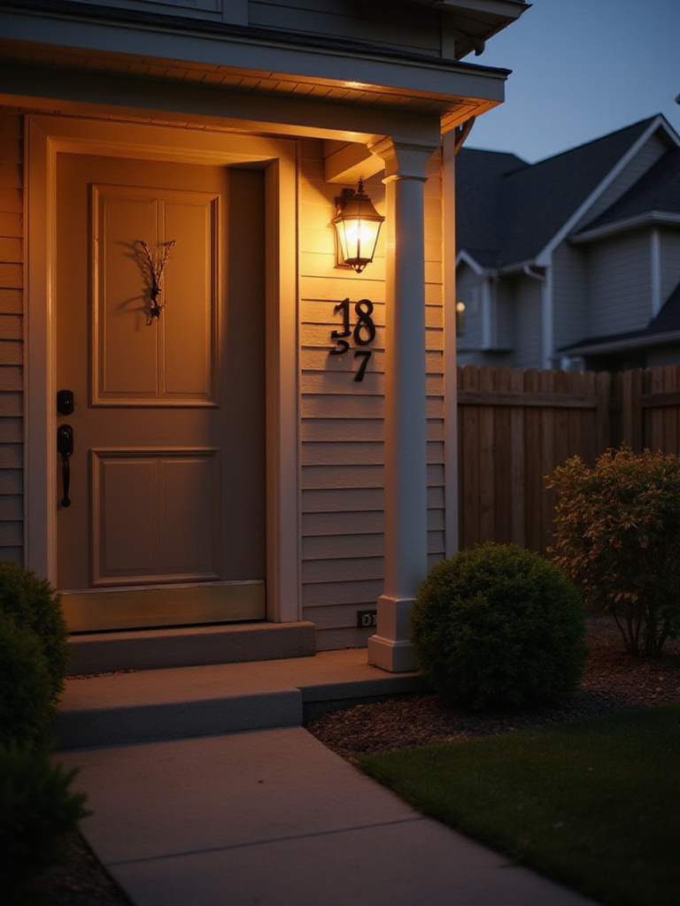 Stylish, modern house numbers clearly displayed next to a front door, illuminated by porch light at dusk, enhancing curb appeal and visibility.