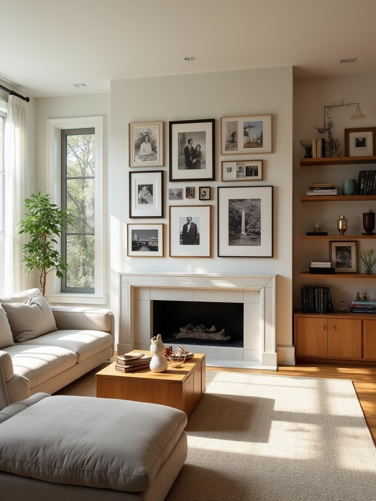 A modern living room featuring a gallery wall of framed photos and art, curated shelves with personal mementos, and decorative items on a coffee table, creating a personalized and inviting space.