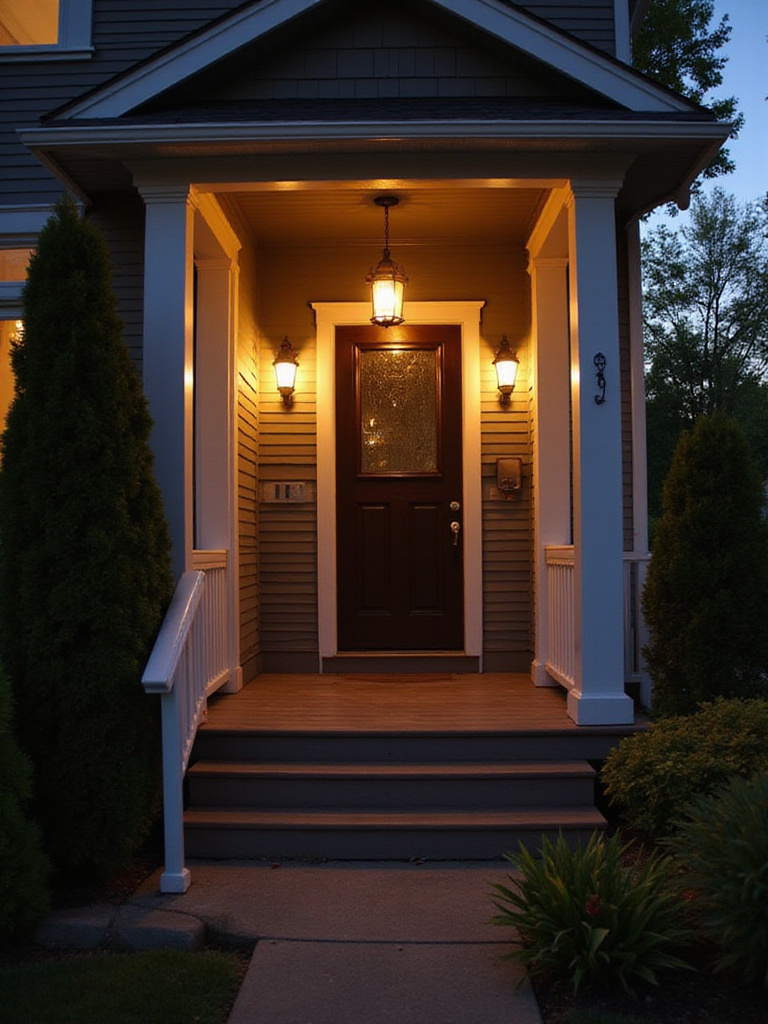 Craftsman style home with updated front porch lighting including sconces and pendant light.