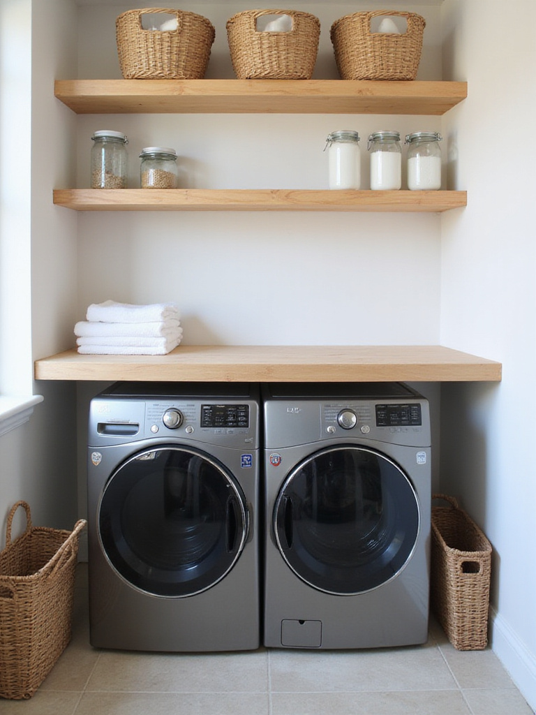 Functional laundry room featuring a smooth folding countertop installed over front-loading washer and dryer machines, with neatly folded towels and storage above.