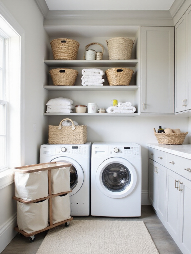 Organized laundry room with woven baskets and canvas bins for sorting and storage.