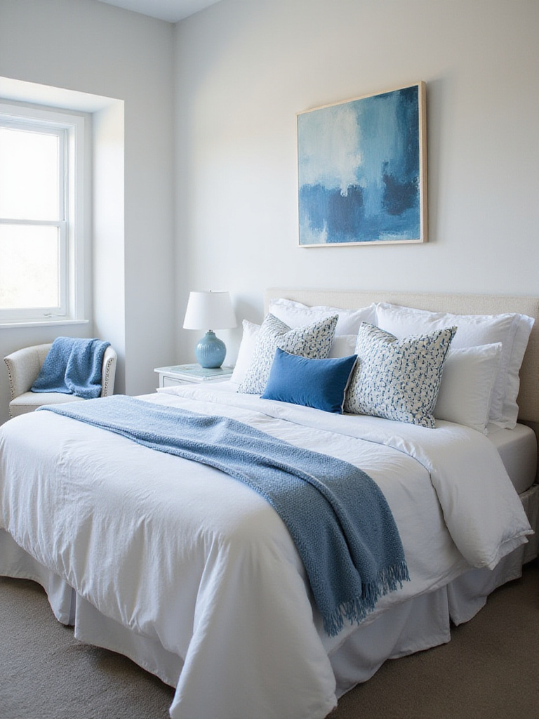 A serene bedroom featuring neutral walls and bedding, accented with various shades of blue through throw pillows, a blanket, and wall art, creating a calming and inviting space.