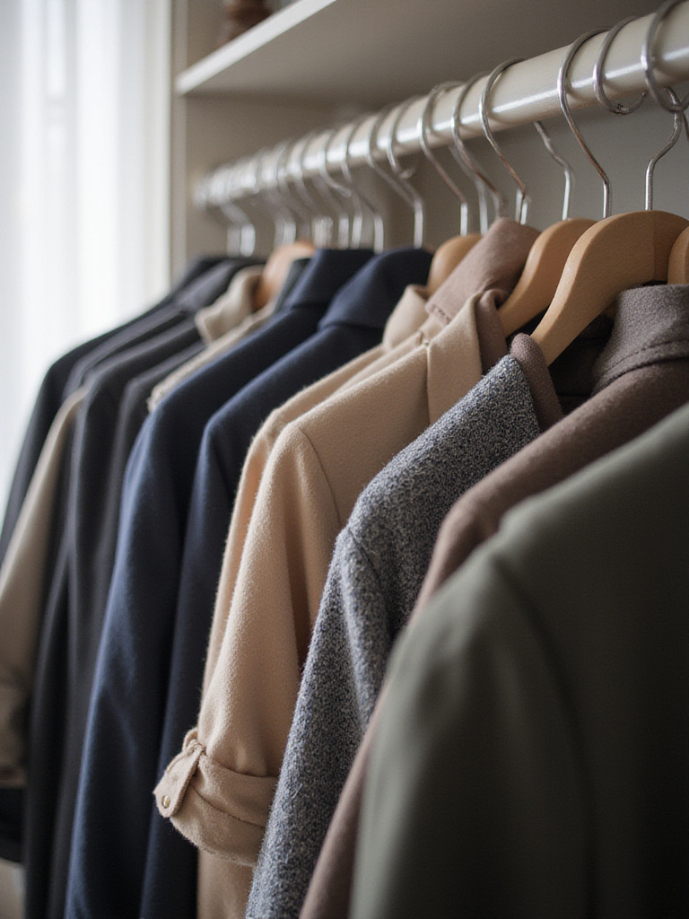 A neatly organized closet rod filled with clothing items hung on consistent, slim velvet hangers, illustrating efficient space usage and visual order in a bedroom sanctuary.