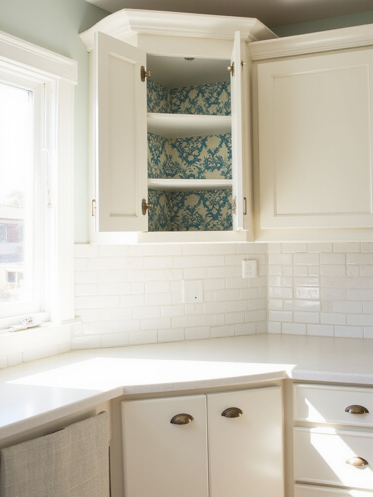 Kitchen cabinets updated with patterned contact paper inside shelves and textured wallpaper on drawer fronts.