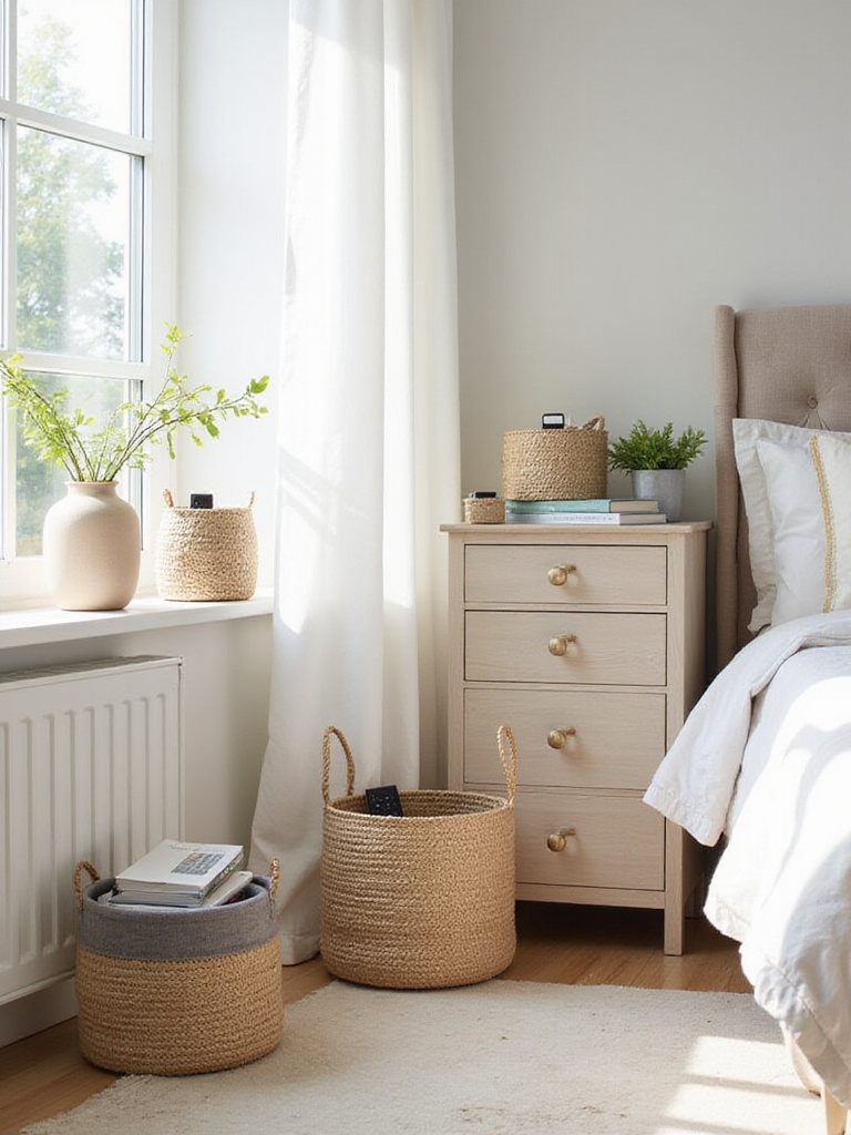Decorative woven and fabric baskets on a bedroom dresser and floor, used to organize loose items and enhance decor.