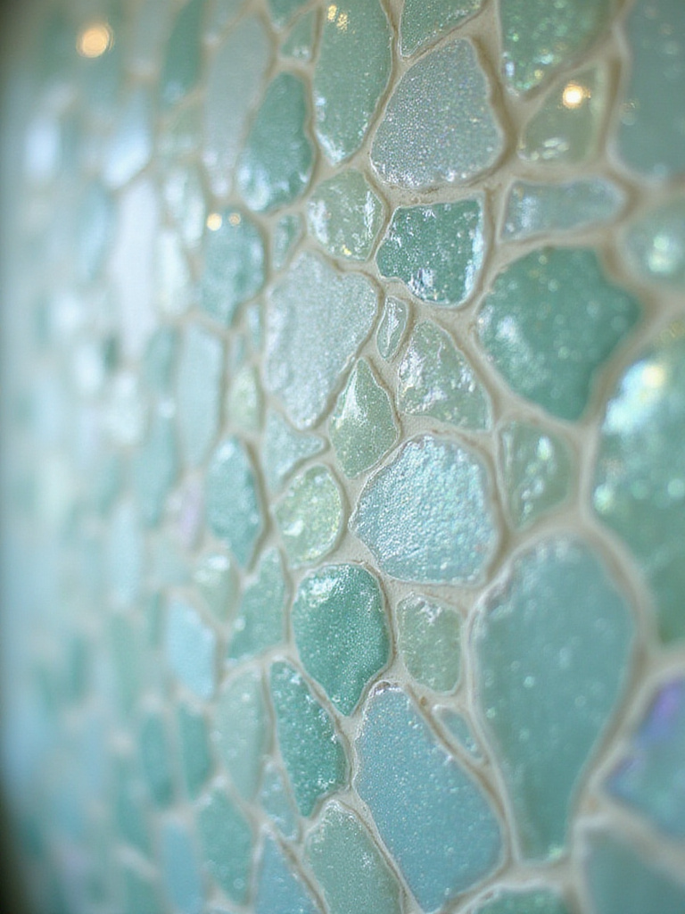 Iridescent glass tile backsplash in a coastal kitchen, with shimmering blues and greens mimicking the effect of sunlight on water.